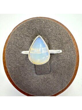 Teardrop Cabochon White Opal Statement Ring VTG Sterling Silver Size 5.25